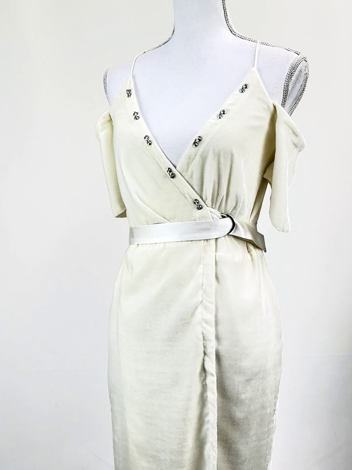 Manning Cartell, Ivory Velvet Wrap Cross Strap Off Shoulder S/Slv Midi Dress W/Silver Ring Trims, Size 6