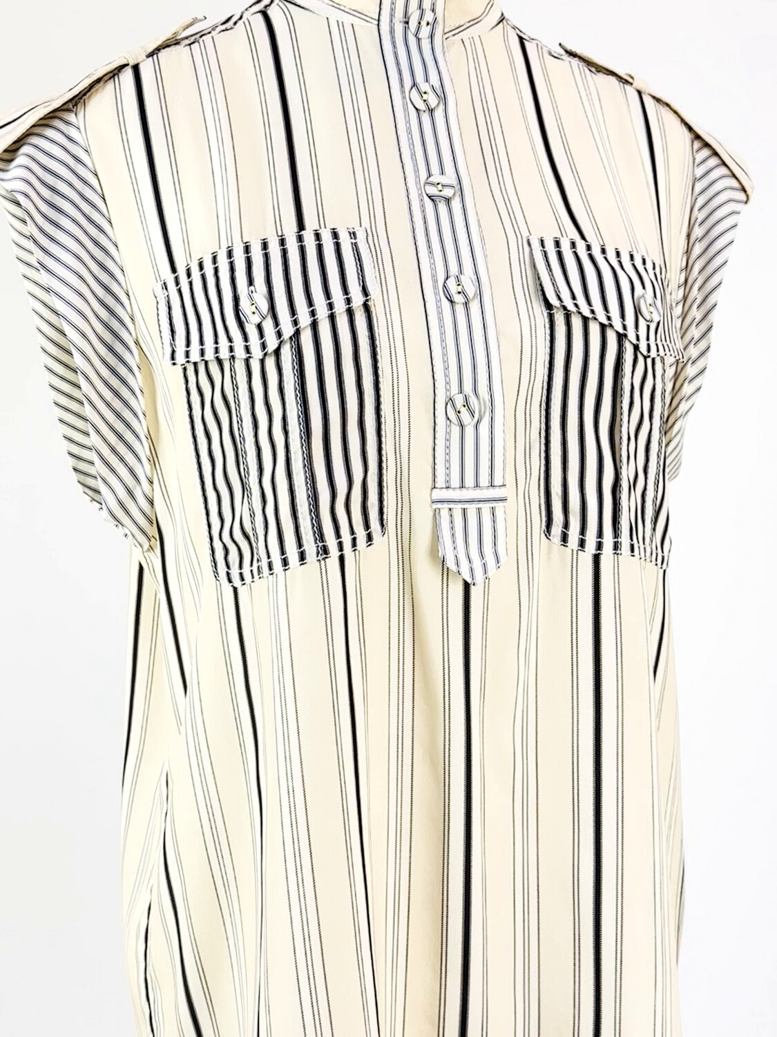 Zimmermann, Beige/Stone/Black Stripe Pkt S/Less Viscose/Silk Blend Shirt W/Epaulettes, Size 0