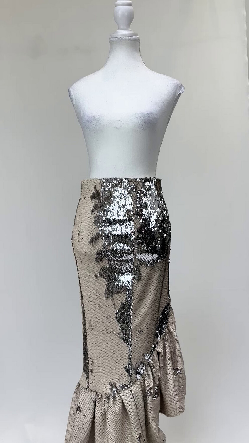 Rachel Gilbert, Beige/Silver  Sequin Embellished Ruffle Midi Skirt, Size 1