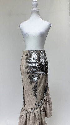 Rachel Gilbert, Beige/Silver Sequin Embellished Ruffle Midi Skirt, Size 1