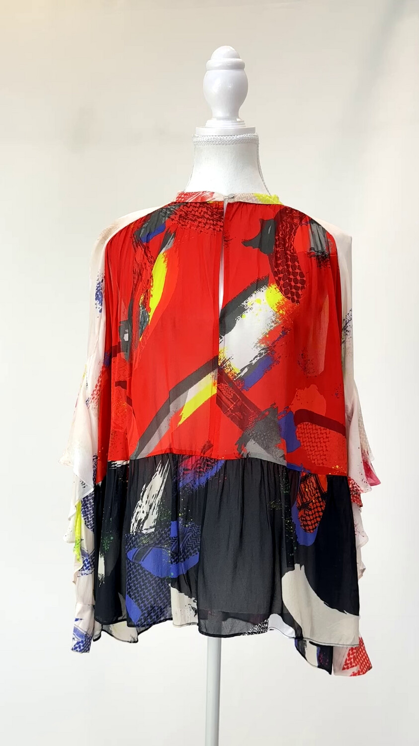 La La Berlin, Red/Cream/Black Multi-Abstract Print Slit Button Neck Frill L/Slv Blouse, Size XS