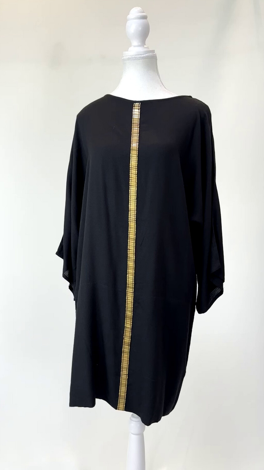Flannel, Black/Gold Beaded Front 3/4 Slv Kaftan Dress, Size S