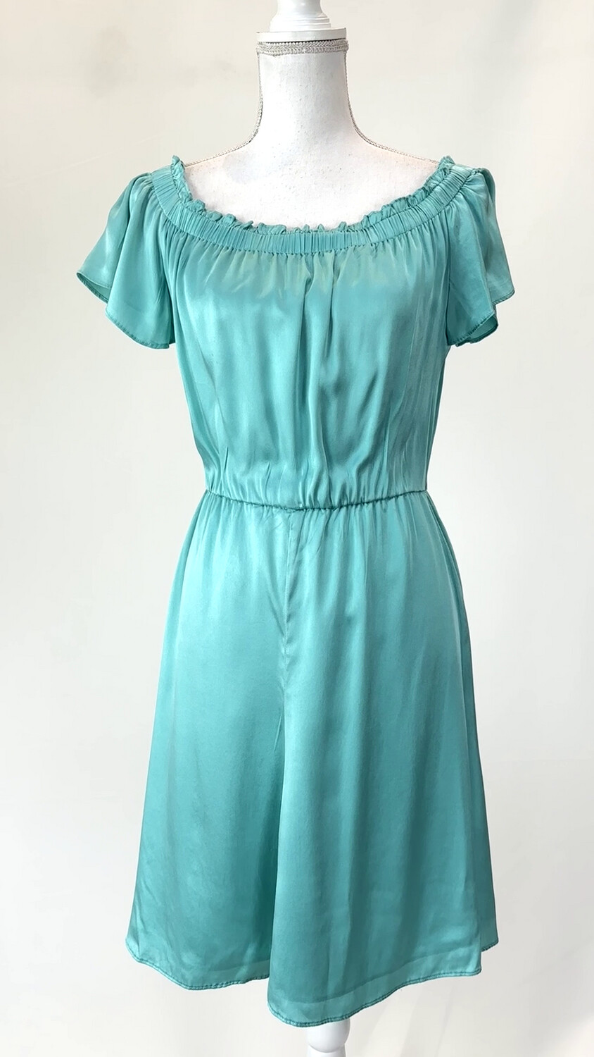 Patrizia Pepe, Aqua Gree Ruched Off Shoulder S/Slv Silk Dress, Size 42