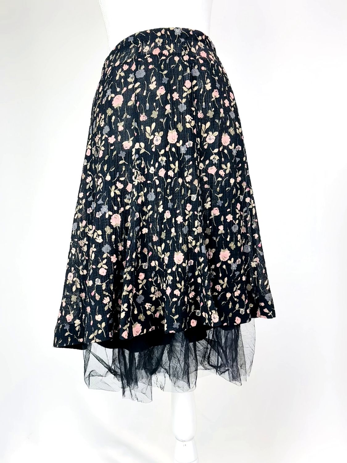Amuleti, Black/Pink/Blush Floral Print Ruffle Hem Wool Skirt W/Tulle Underskirt, Size US10/GB14