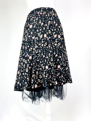 Amuleti, Black/Pink/Blush Floral Print Ruffle Hem Wool Skirt W/Tulle Underskirt, Size US10/GB14