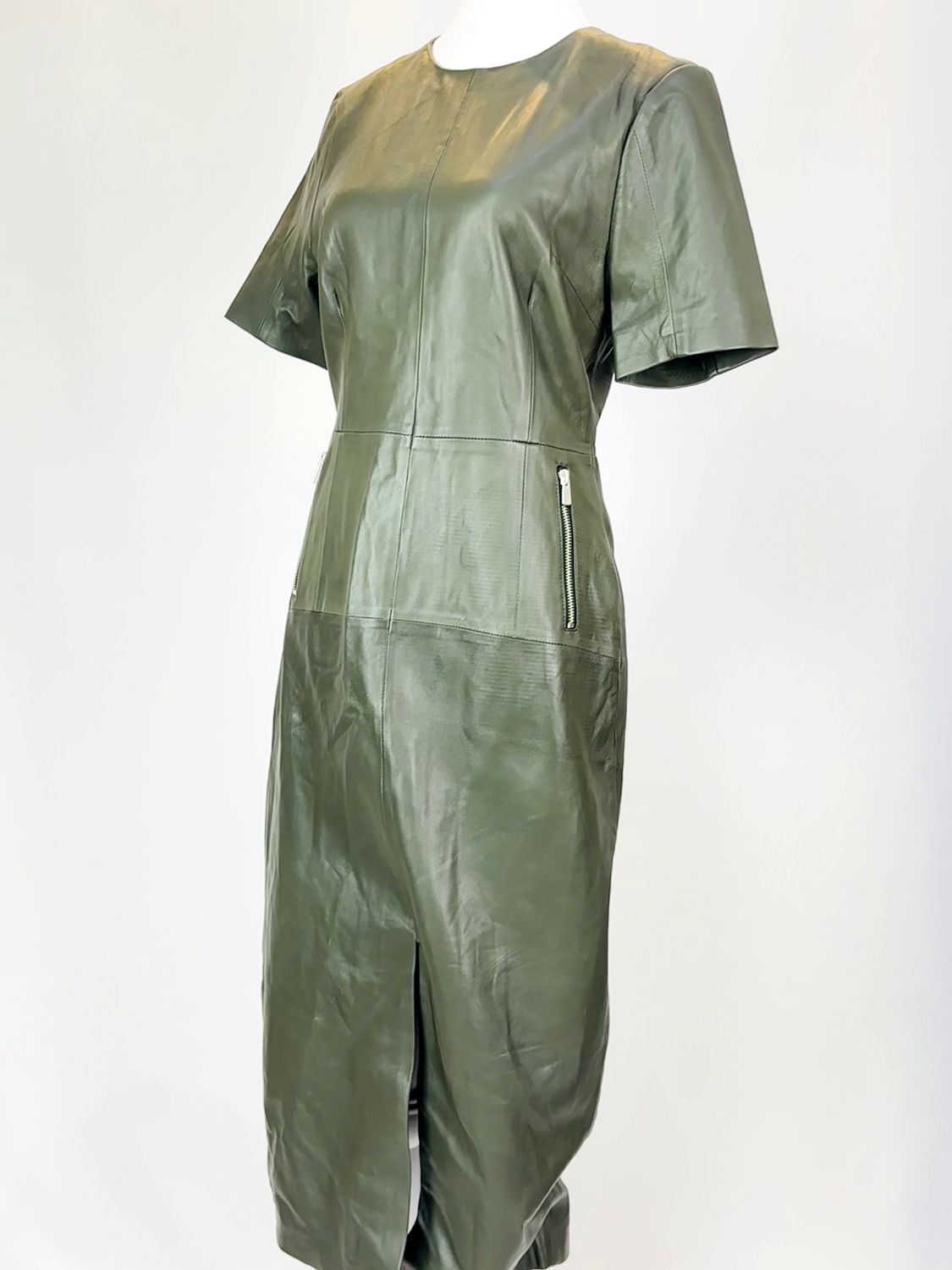 Rebecca Vallance, Green Leather Panelled Zip Pkt S/Slv Midi Dress W/Front Split, Size 12