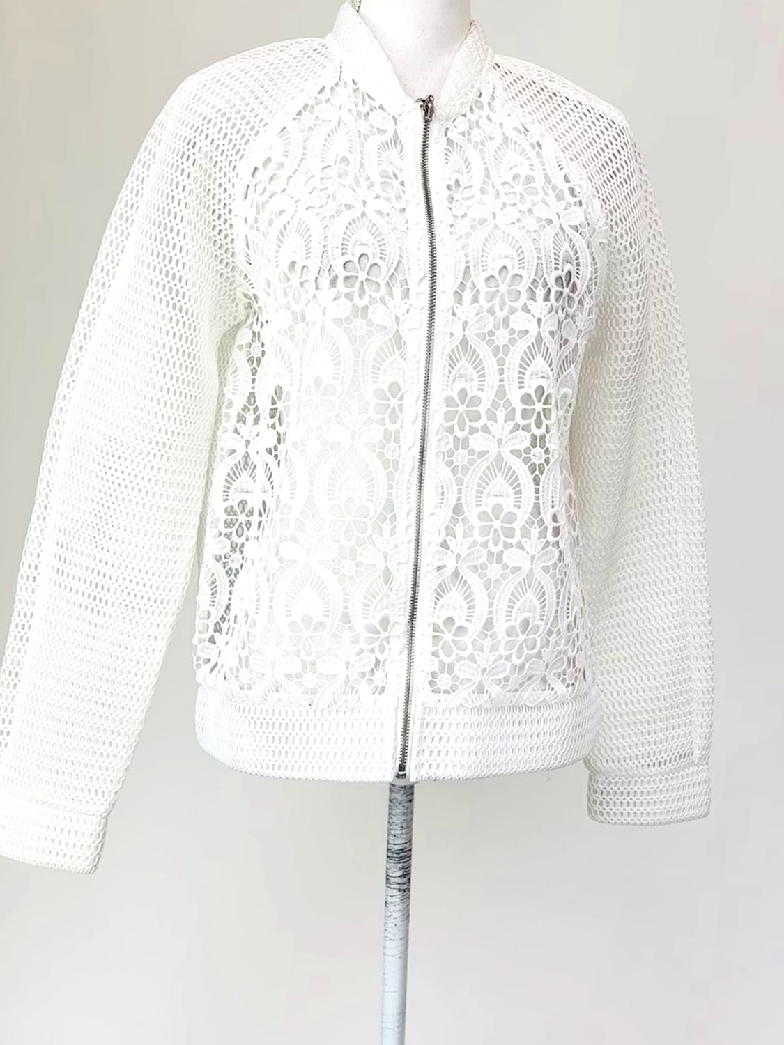 Twin-Set T.S.J., White Mesh/Lace Zip Bomber L/Slv Jacket, Size L