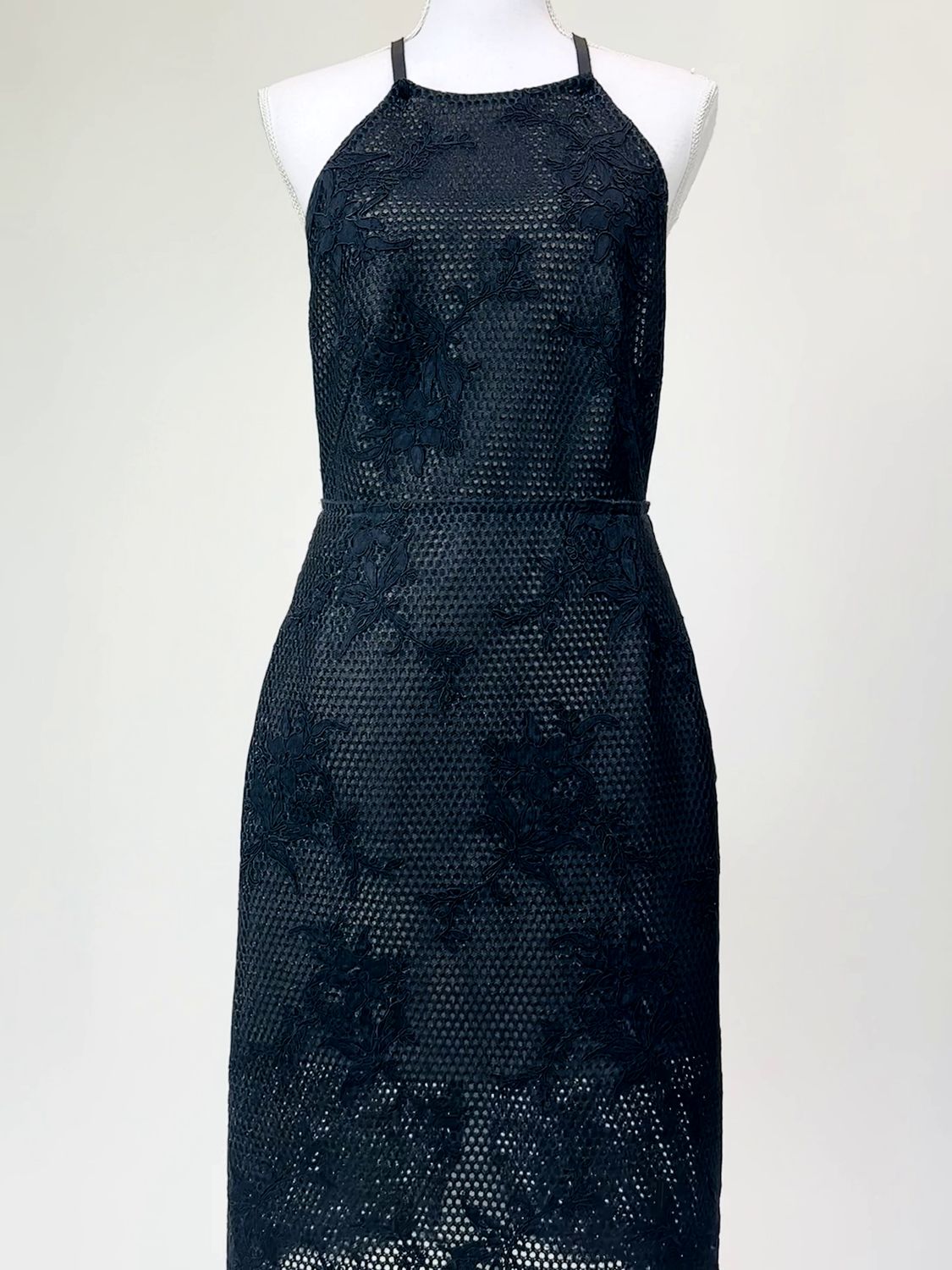 Scanlan Theodore, Black Square Neckline Pleat Waist Mesh Strap Midi Dress, Size 12