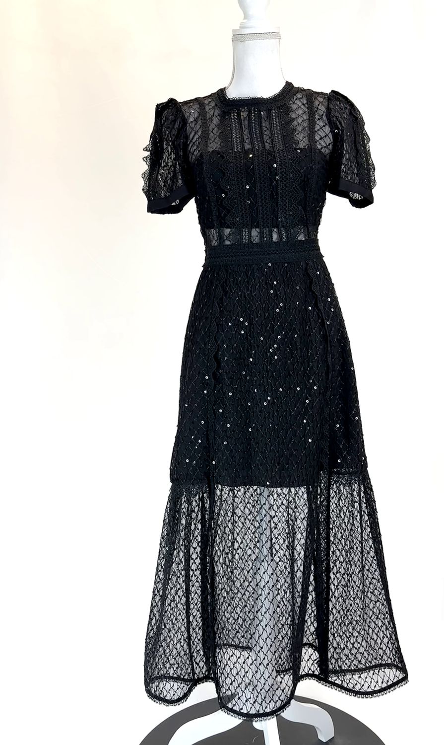 self-portrait, Black Sequin Embellished S/Slv Midi Dress, Size US4/UK8