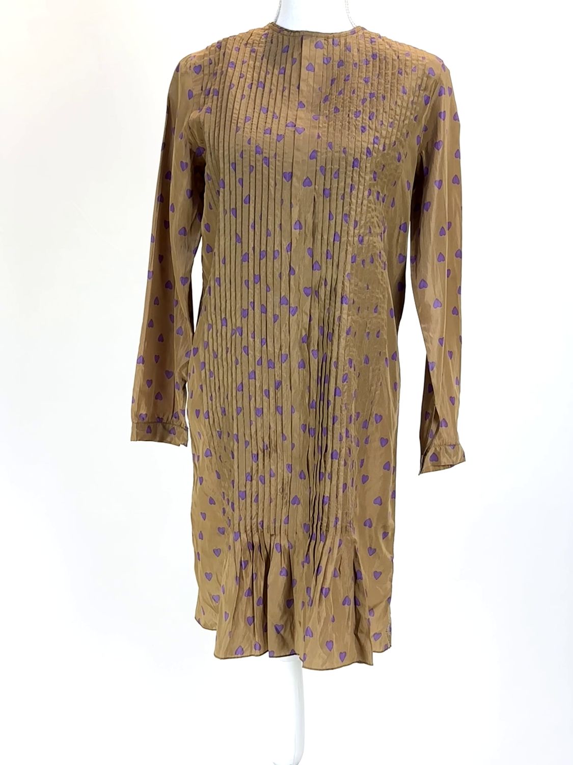 Marni, Brown/Purple Heart Print Pleat Front L/Slv Frill Hem  Dress, Size 40