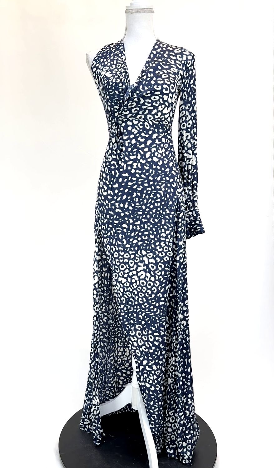 Alexis, Blue/White Animal Print Asymmetrical Deep V-Neckline One L/Slv Long Dress W/Side Slit, Size XS