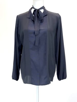 Scanlan Thoedore, Black Grosgrain Ribbon Tie Neck Slit Panel Front Silk L/Slv Blouse, Size 8