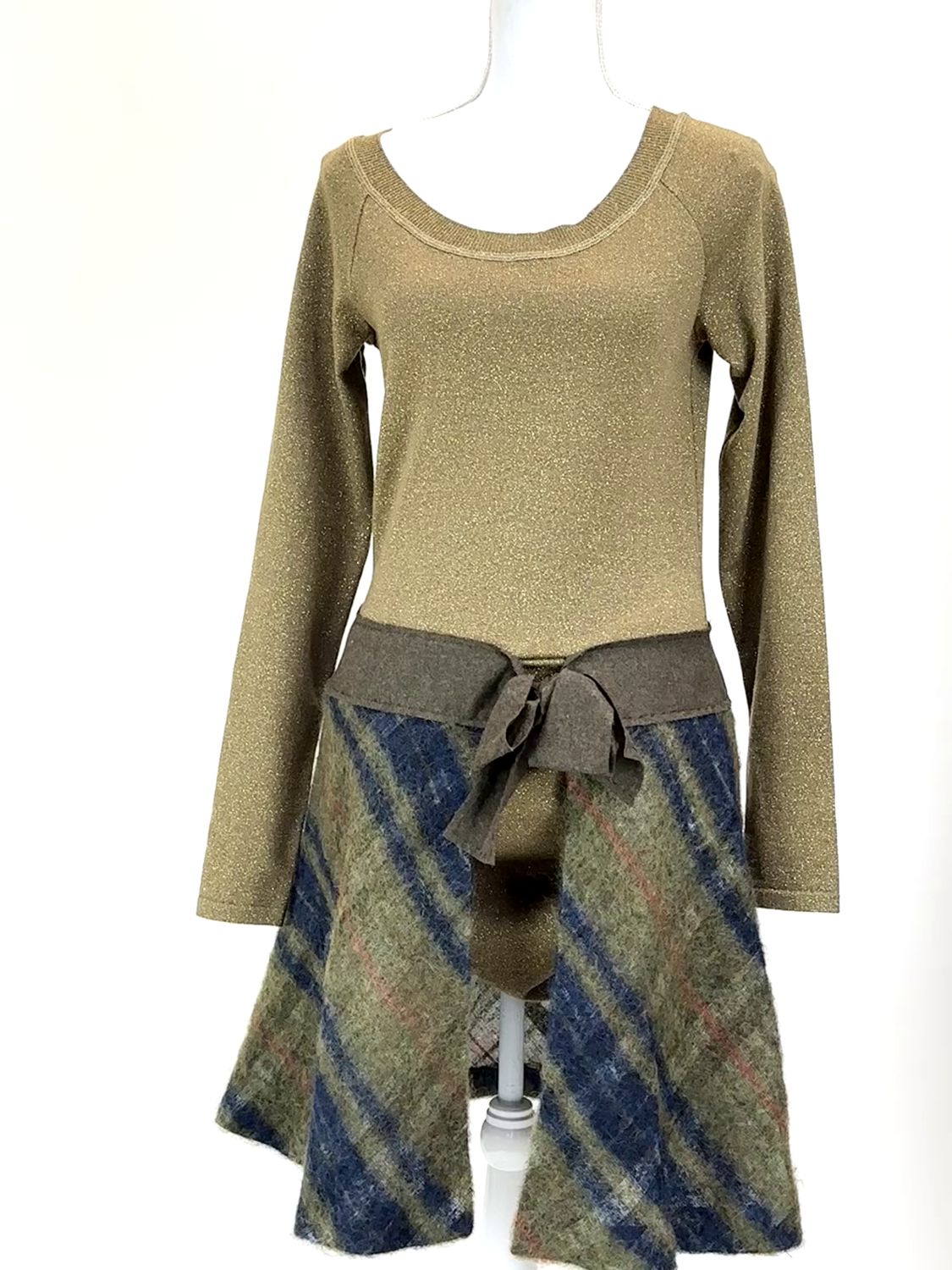 Philosophy di Alberta Ferretti, Gold/Moss Green Lurex Check Skirt Combo L/Slv Dress, Size US10/GB12