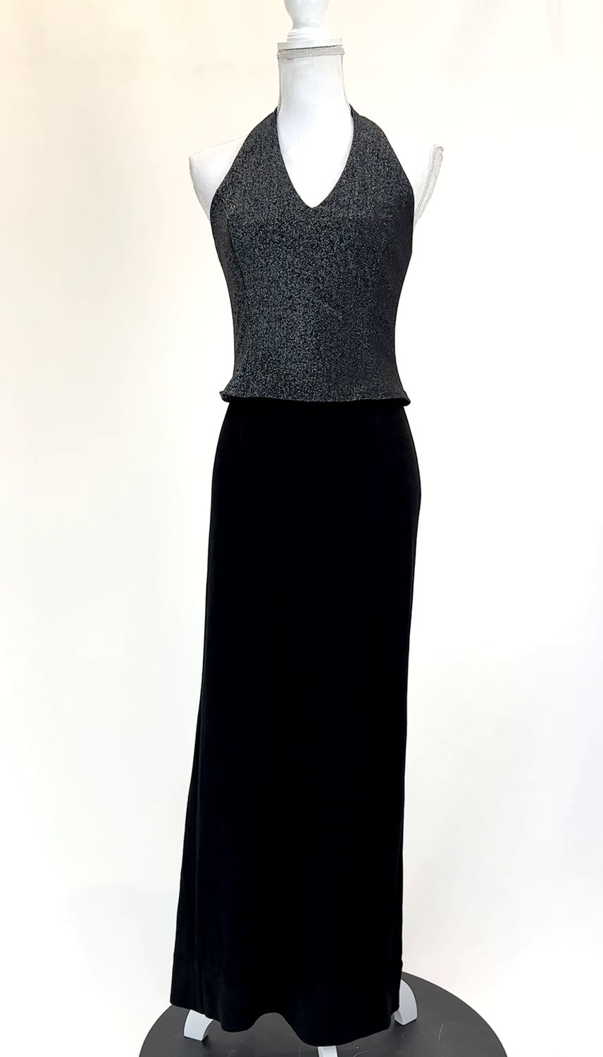 Rue de la Paix, Black/Silver Shimmer Lurex Halter Neck Evening Dress, Size S