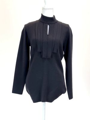 Emmanuelle, Black Pleat Trim Slit Turtleneck L/Slv Longline Jumper, Size L