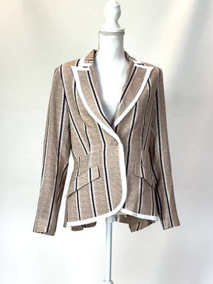 Once Was, Brown/White/Navy One-Button Peplum Hem Viscose/Linen Blend Blazer, Size 1