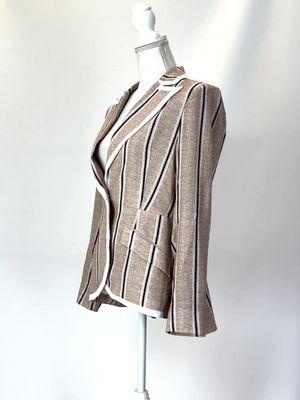 Once Was, Brown/White/Navy One-Button Peplum Hem Viscose/Linen Blend Blazer, Size 1