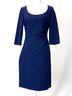 Diane Von Furstenberg, Navy Scoop Neck Side Pleat 3/4 Slv Midi Dress, Size US10
