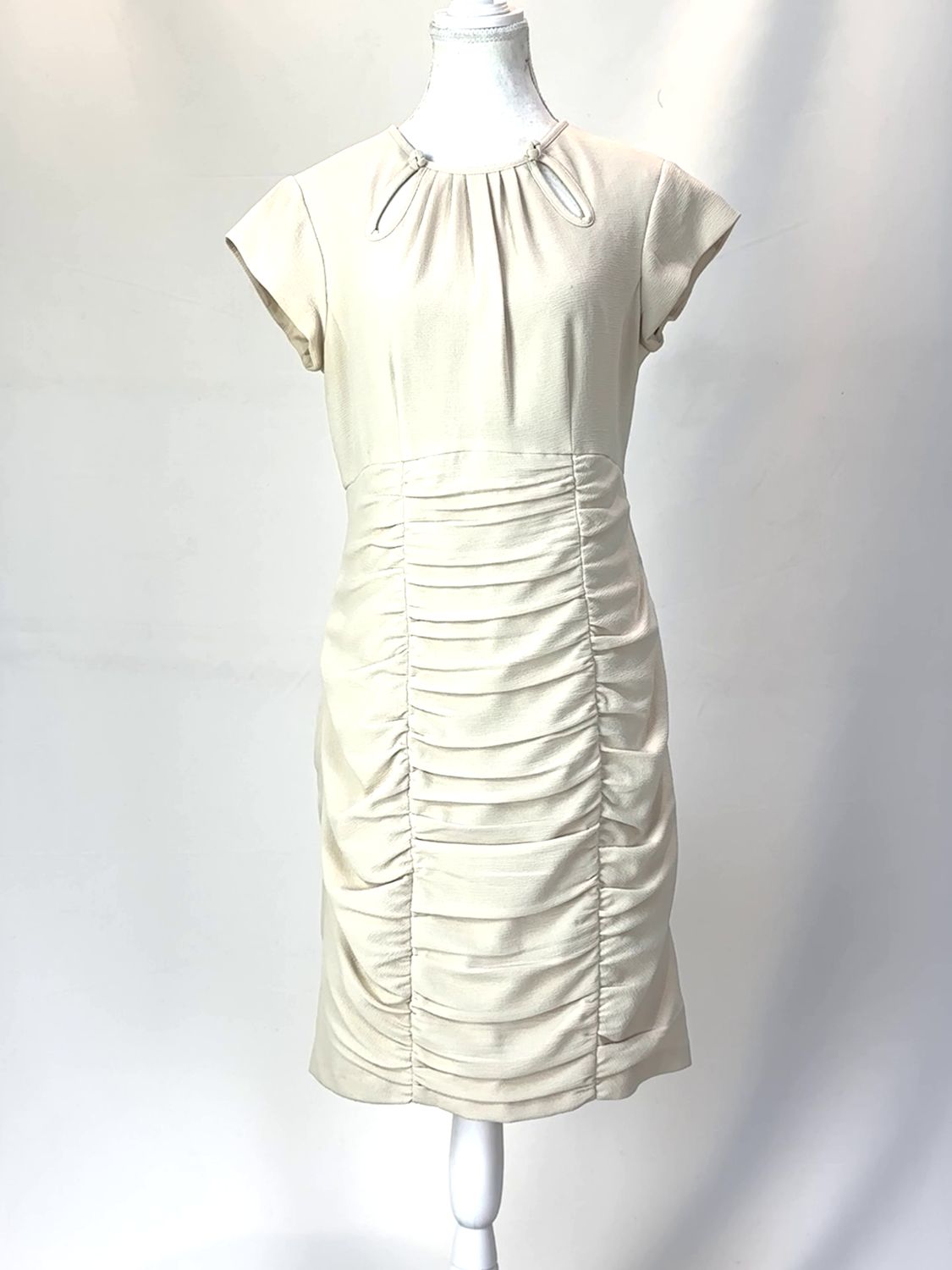 Nanette Lepore, Beige Ruched Keyhole Cut-Out Neckline Cap Slv Dress, Size 10
