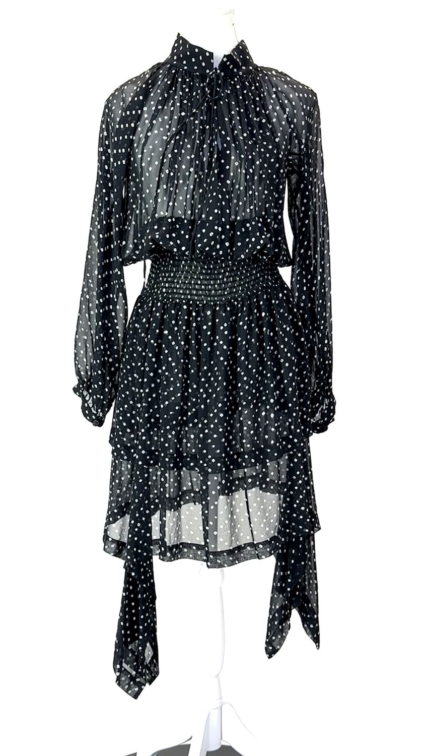 KitX, Black/White Deep-V Tie Neck Tiered Hanky Hem Blouson L/Slv Silk Dress W/Shirred Waist, Size 8
