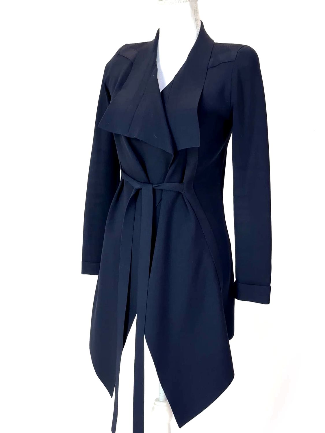 Scanlan Theodore, Navy Viscose Crepe Knit Drape Collar Tie Waist Cardigan, Size M