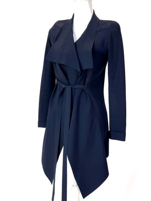 Scanlan Theodore, Navy Viscose Crepe Knit Drape Collar Tie Waist Cardigan, Size M