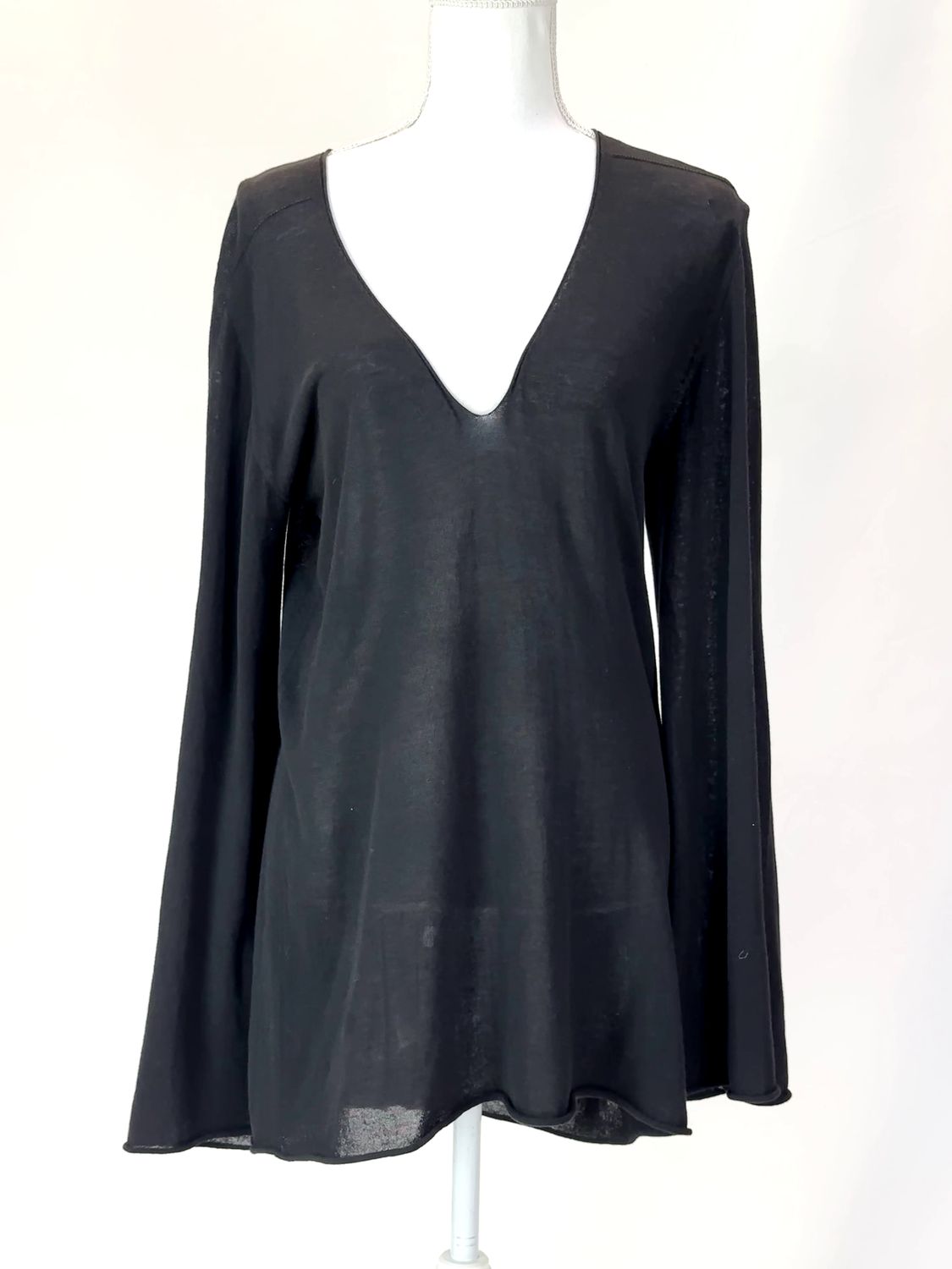 Rick Owens, Black V-Neck Knit Flare L/Slv  Top, Size S