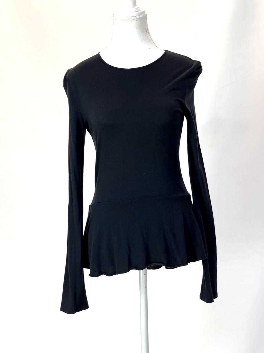 The Row, Black Back Tie Neck Peplum Hem L/Slv Top, Size M