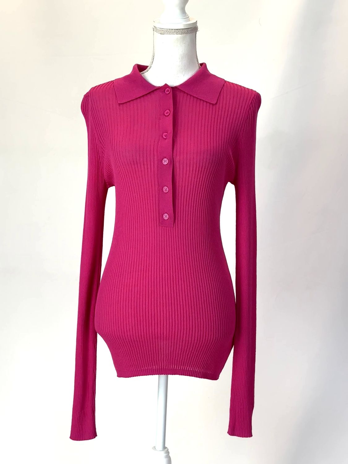 Henne, Hot Pink Johnny Collar Button-Up Viscose Rib Knit L/Slv Top, Size 12