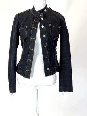 Roberta Scarpa, Black/Orange Topstitched Button Up Chain Belt Denim  Jacket W/Detachable Inner Lining, Size US6