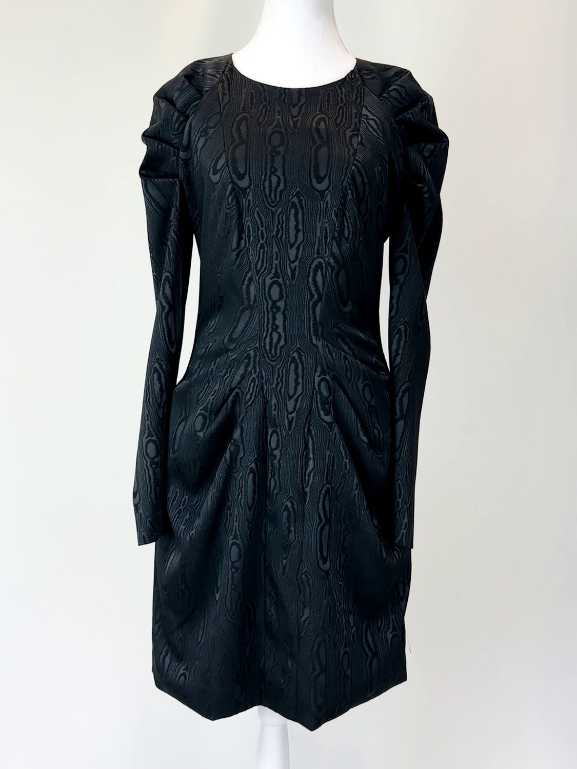 Ginger &amp; Smart, Black Embossed Textured Print Pleat Sleeve + Waist L/Slv Dress, Size 12