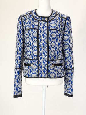 Diane Von Furstenberg, Blue/White/Black Leather Trim Patterned Zip  Jacket, Size US14