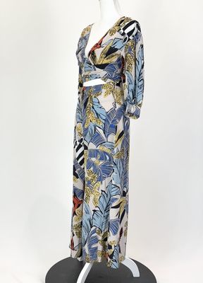 Scanlan Theodore, Blues/Blush/Yellow/Multi Wrap Tie-Waist Cutout Wide Leg Silk Jumpsuit, Size 6