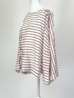 Forte_Forte, White/Pink Stripe Embroidery Detail Wide Neck 3/4 Slv  Top, Size I