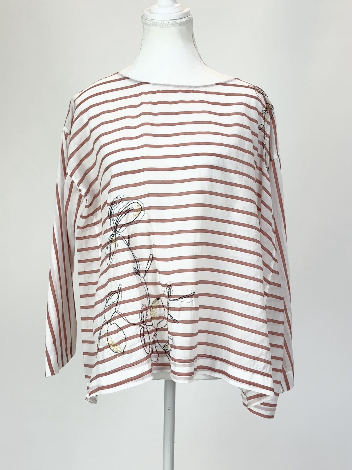 Forte_Forte, White/Pink Stripe Embroidery Detail Wide Neck 3/4 Slv  Top, Size I