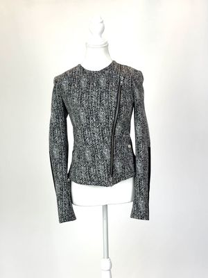 Theory, Black/White Herringbone Patterned Leather Trims Zip Jacket, Size 2