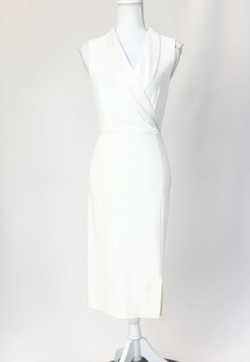 Godwin Charli, Ivory Satin Shawl Lapel Collar S/Less Midi Dress, Size 6