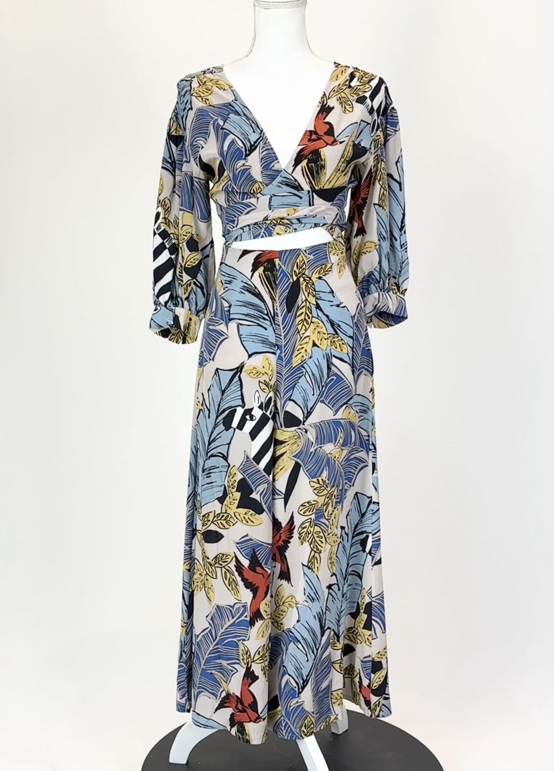 Scanlan Theodore, Blues/Blush/Yellow/Multi Wrap Tie-Waist Cutout Wide Leg Silk Jumpsuit, Size 6