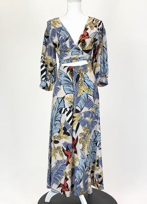 Scanlan Theodore, Blues/Blush/Yellow/Multi Wrap Tie-Waist Cutout Wide Leg Silk Jumpsuit, Size 6