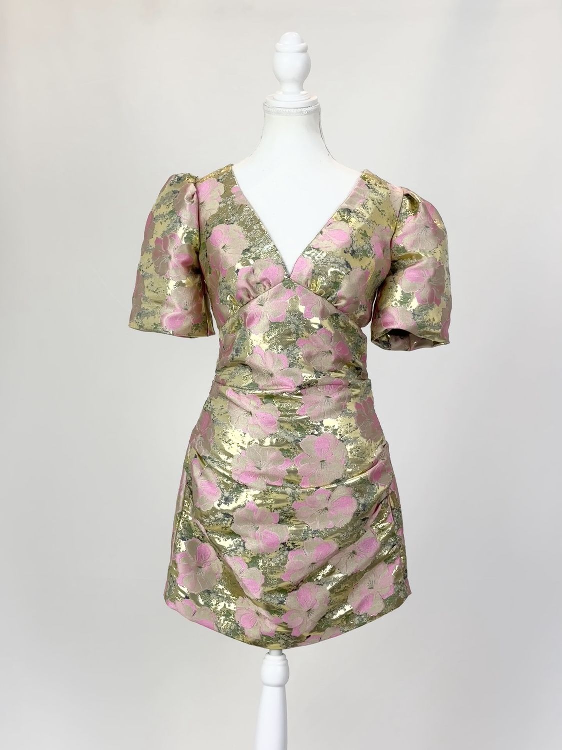 Bec + Bridge, Gold/Pink V-Neck Brocade Puff Slv Dress, Size 8
