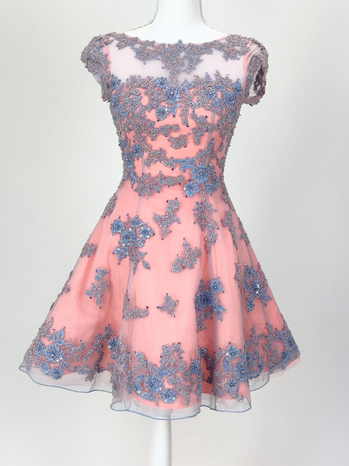 Sherri Hill, Blue/Orange Bead Embellished Flare Cap Slv Dress, Size S
