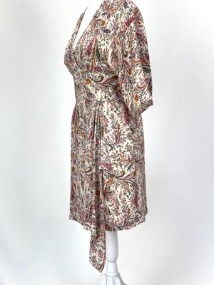 Intropia, Pinks/Cream/Orange Multi Paisley Print V- Pleat Neckline Drape Wrap Skirt 1/2 Slv Silk Dress W/Slit Details, Size 36