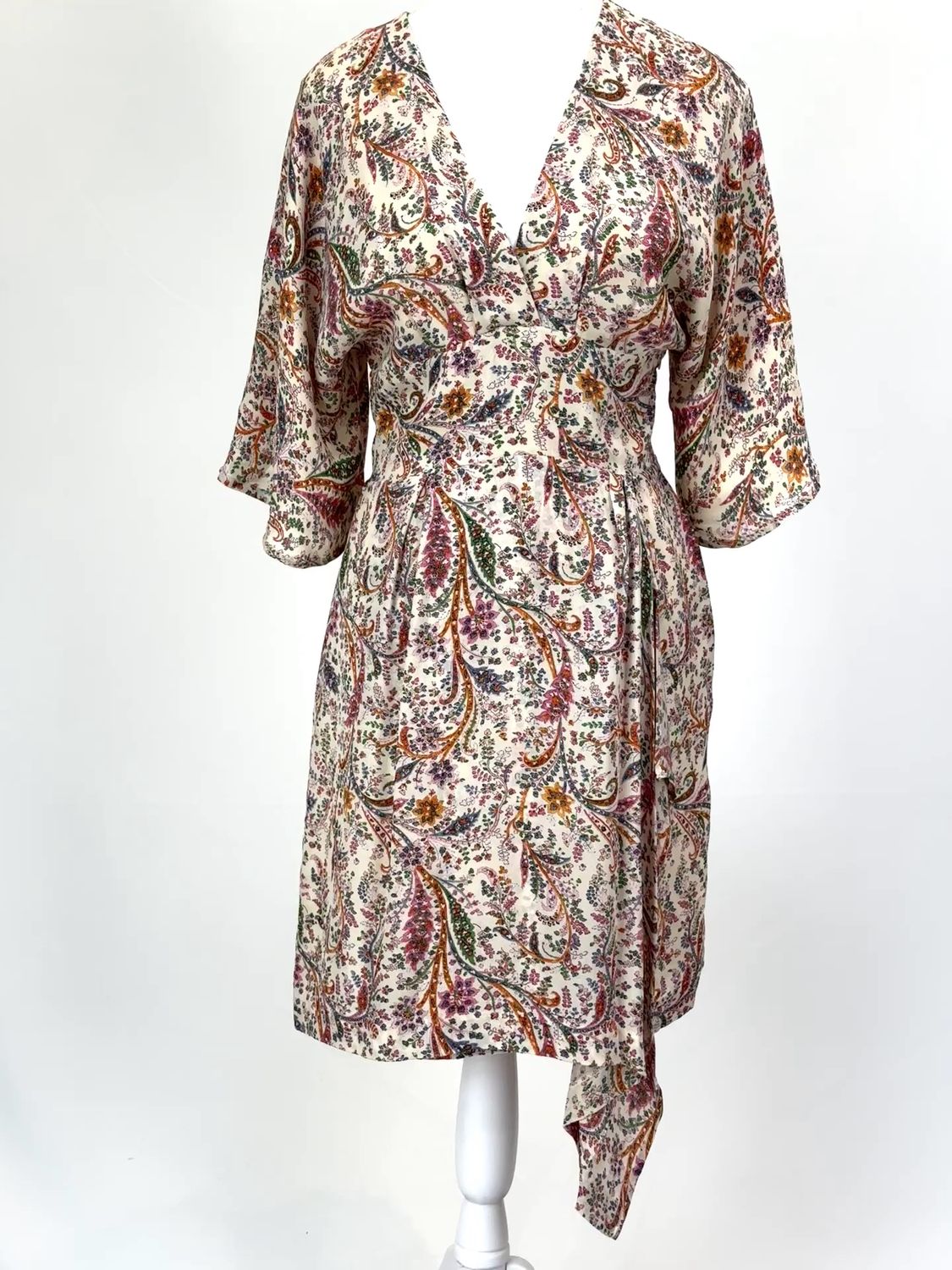Intropia, Pinks/Cream/Orange Multi Paisley Print V- Pleat Neckline Drape Wrap Skirt 1/2 Slv Silk Dress W/Slit Details, Size 36