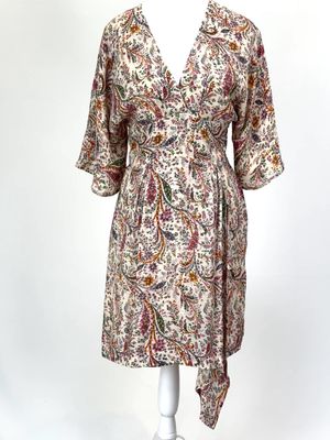 Intropia, Pinks/Cream/Orange Multi Paisley Print V- Pleat Neckline Drape Wrap Skirt 1/2 Slv Silk Dress W/Slit Details, Size 36