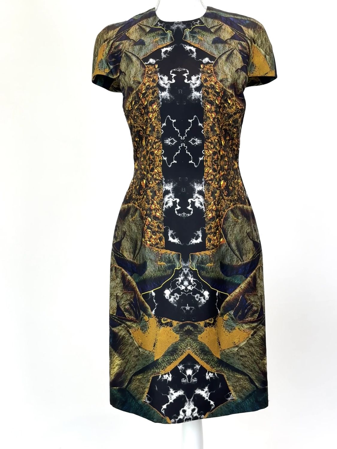 Josh Goot, Black/Green/Gold/ Multi Print Cap Slv Midi Dress, Size 10
