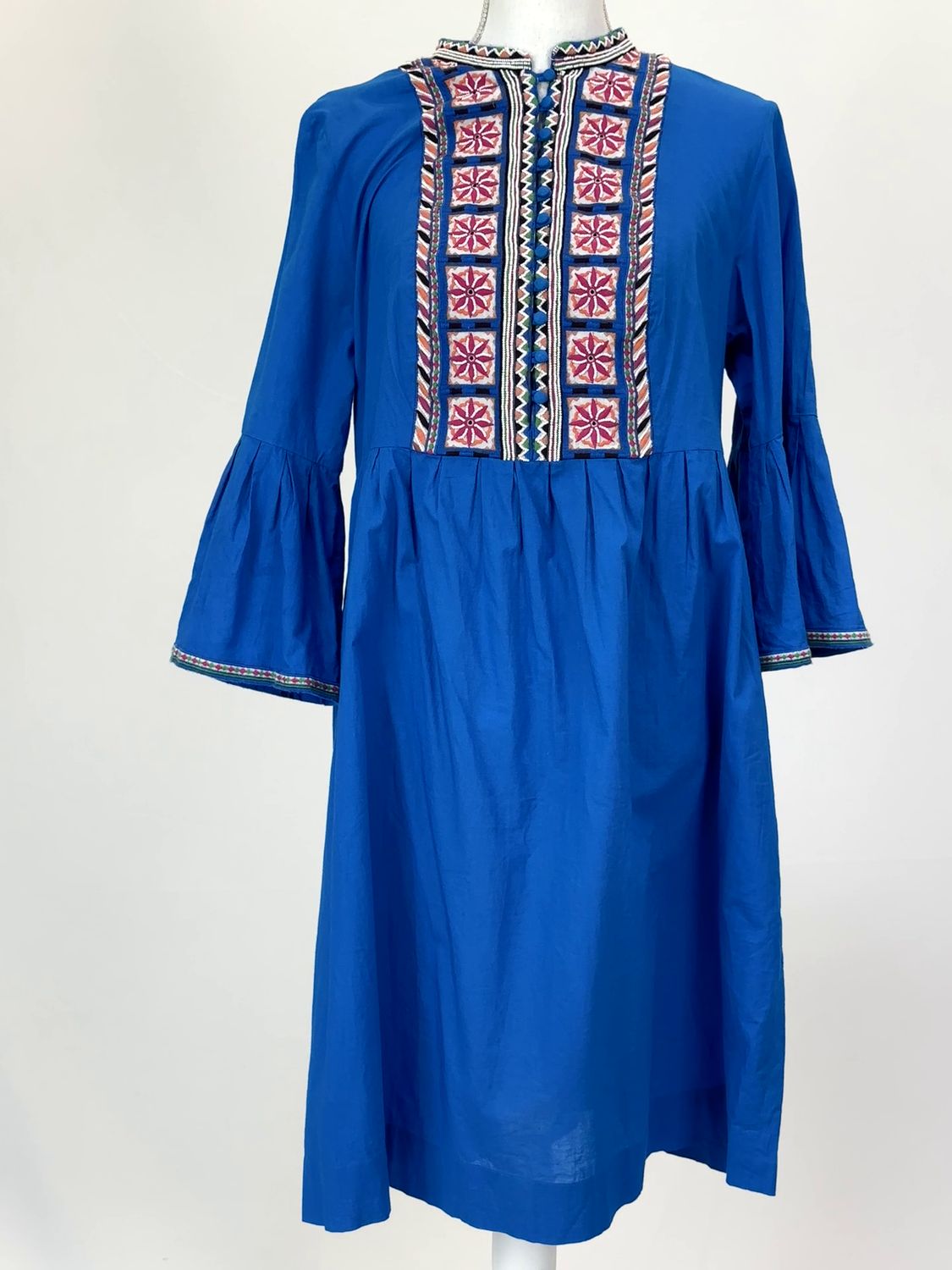 Luisa Spagnoli, Blue/Multi Embroidery Beaded Button-Up Neckline Flare 3/4 Slv Dress, Size M