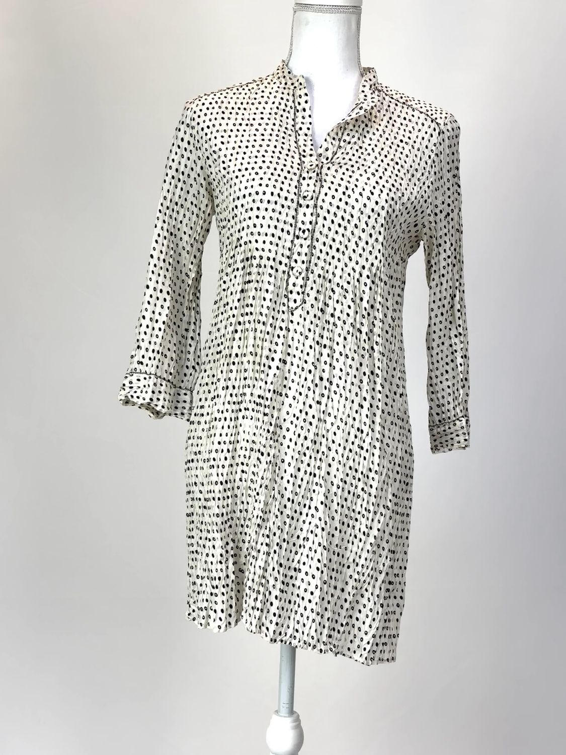 Gerard Darel, Cream/Black Spot Print Button Up Crinkle Silk L/Slv Long  Shirt Or Dress, Size 38