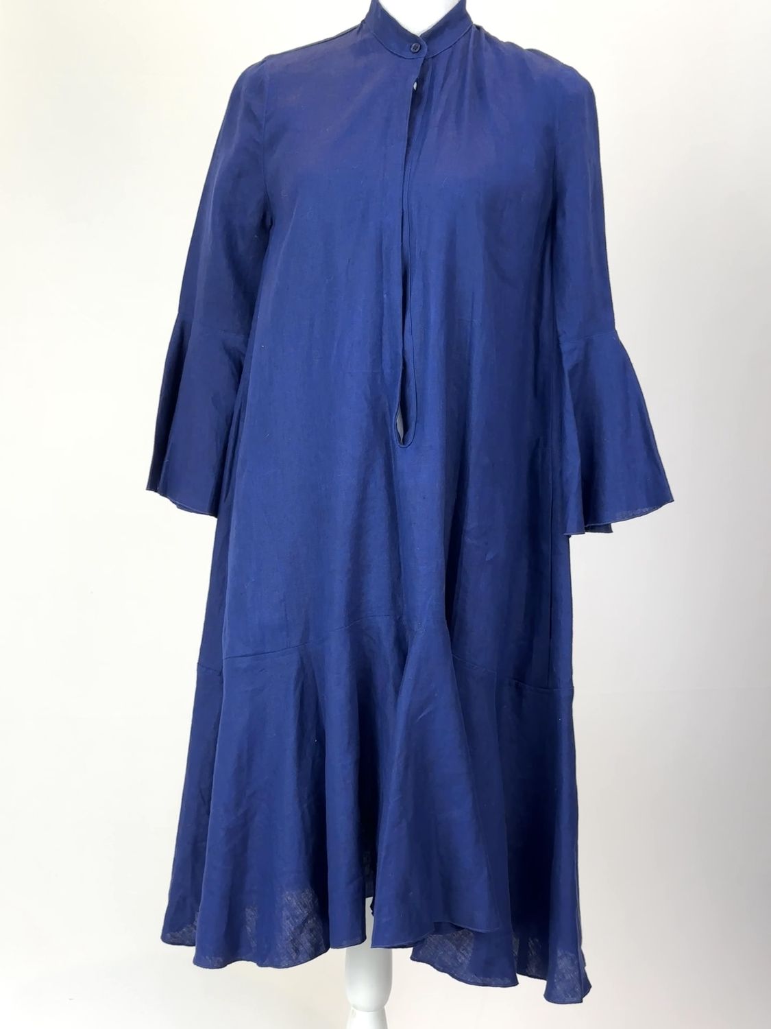 Scanlan Theodore, Navy Button Front Flounce 3/4 Slv Linen Full Hem Midi Dress, Size 8