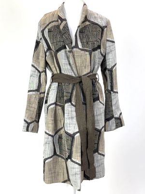 Maliparmi, Beige/Black/Grey/Browns Textured Geometric Patterned Stud Button Coat W/Tie Belt, Size 46