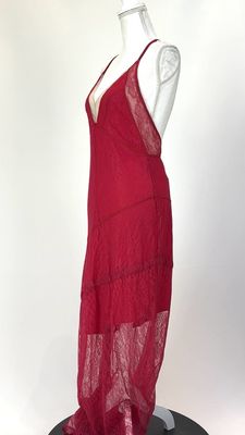 Manning Cartell, Red/Nude V- Mesh Trim Halter Strap Neckline Midi Lace Dress, Size 10